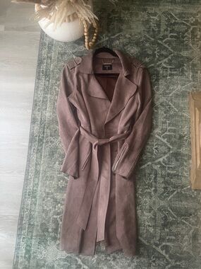 Stylish Mauve Suede Trench Coat - Classic Wrap Belt